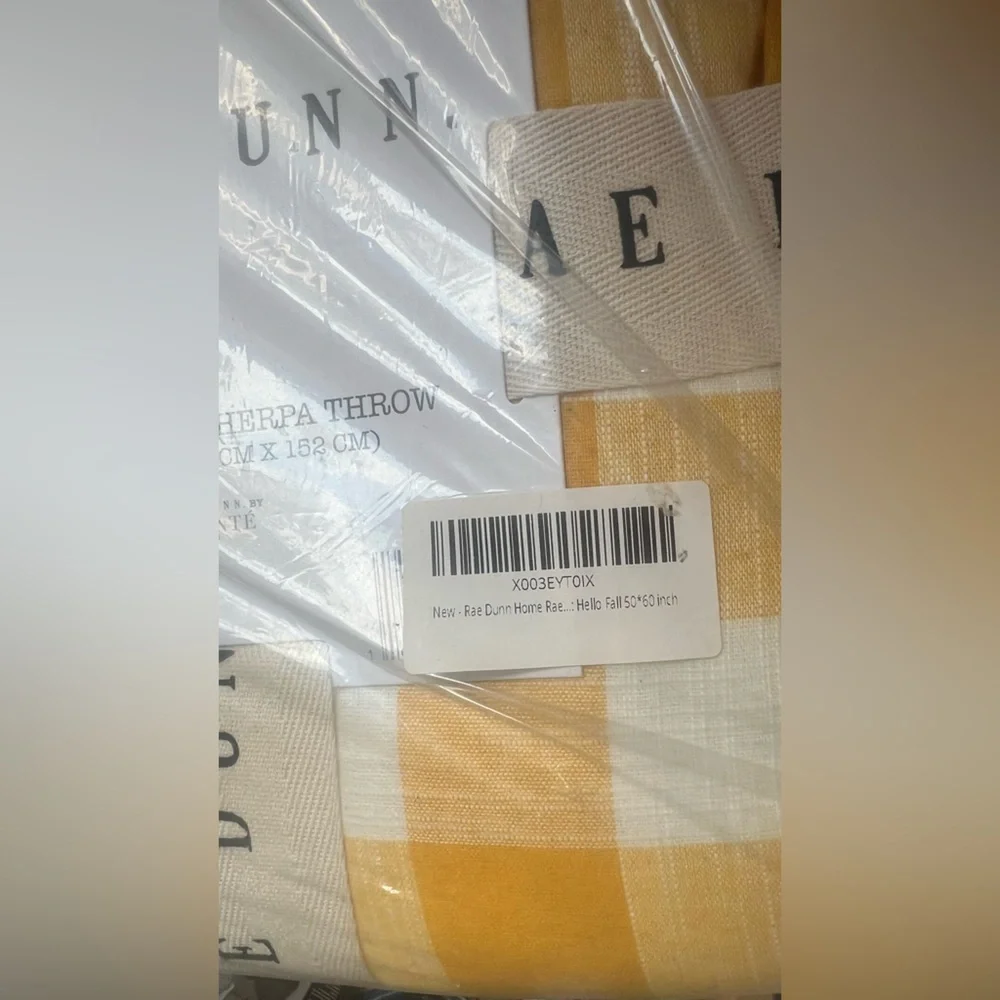 RARE Rae Dunn Hello Fall Gingham Plaid Sherpa Cozy Throw Blanket Yellow White